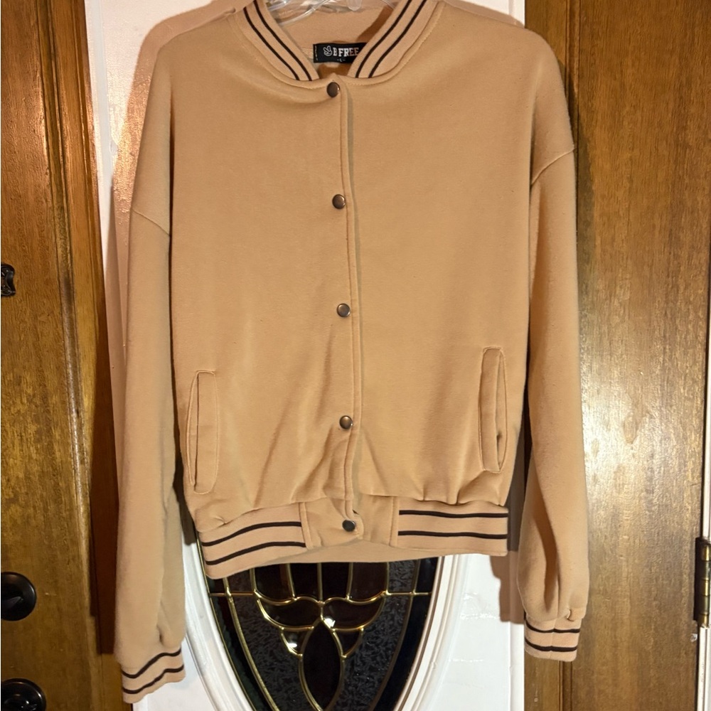 Soffe Tan Varsity-Style Bomber Jacket with Striped Trim